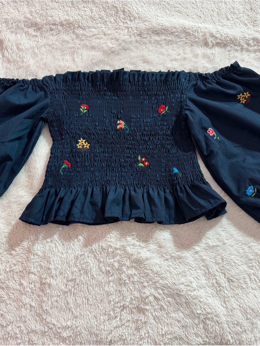 Women’s Off-Shoulder Navy Smocked Top with Floral Embroidery
